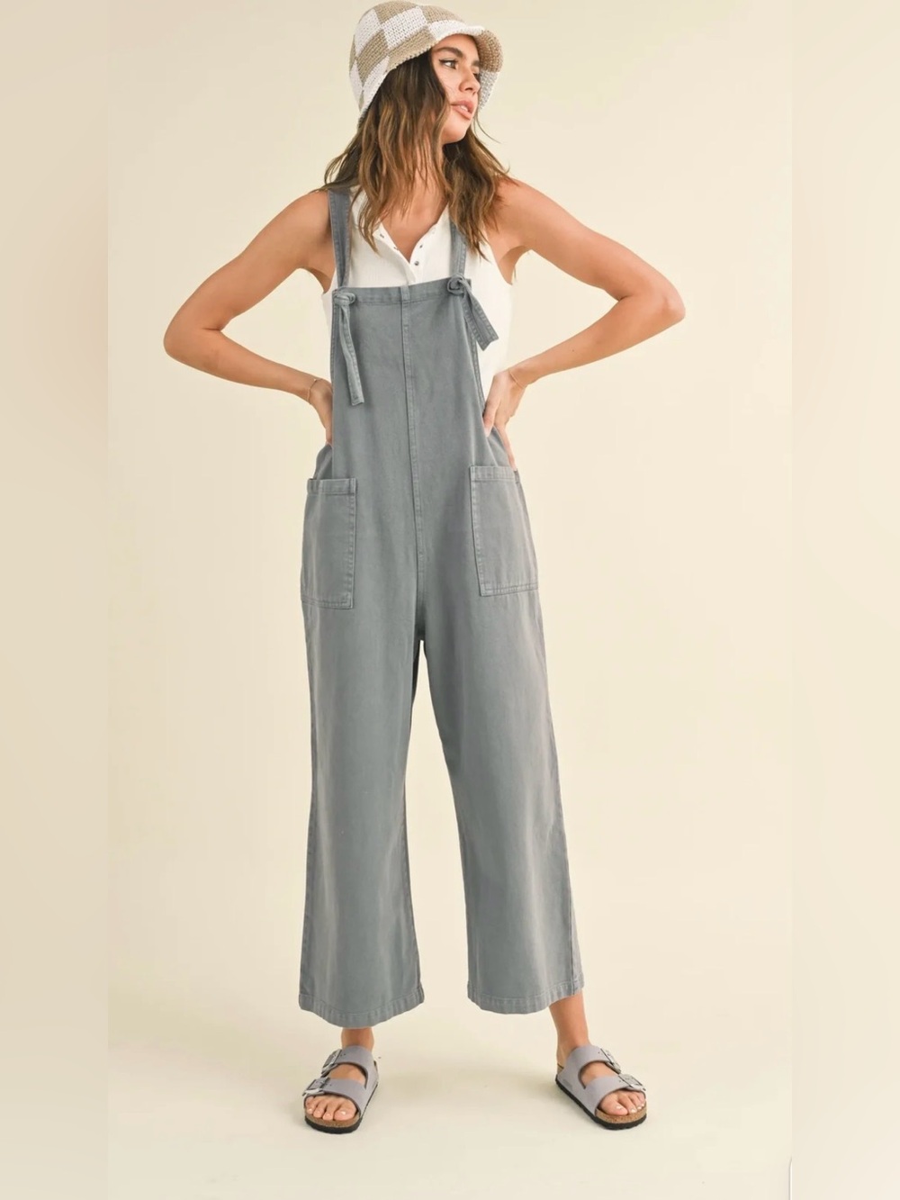 Relaxed Slate Gray Denim Overalls with Adjustable Tie Straps